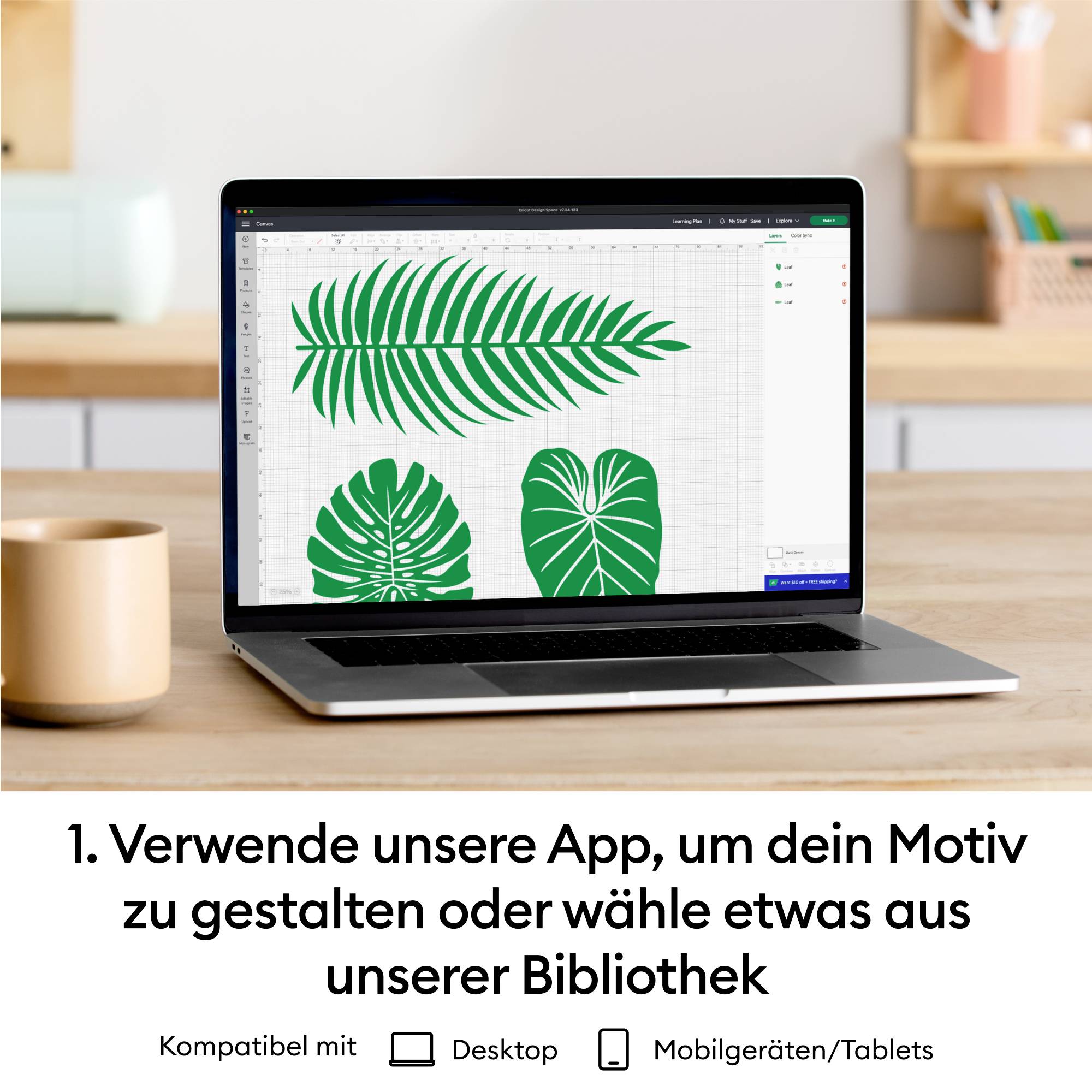 Ein Laptop zeigt Grafikdesign-Software mit pflanzlichen Motiven. Darunter steht: 'Verwende unsere App zum Gestalten oder wähle aus Bibliothek.'