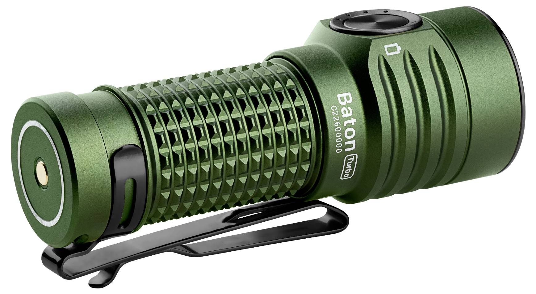 Grüne Taschenlampe in Nahaufnahme mit strukturiertem Griff und Gürtelclip. Modellname 'Baton' auf der Seite sichtbar.