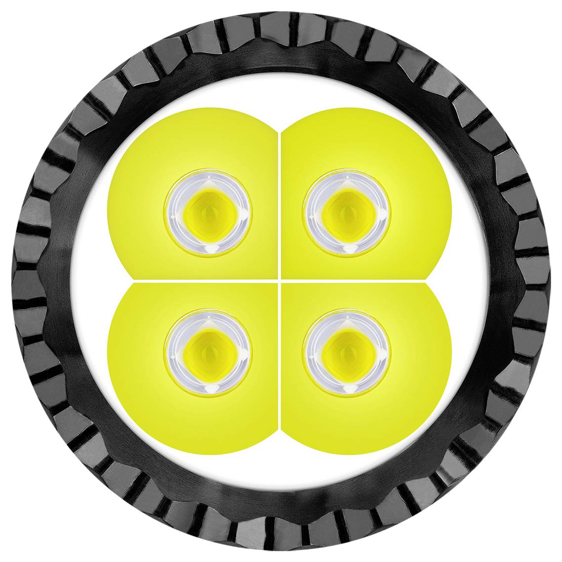 Runde LED-Leuchte mit vier gelben Dioden, umgeben von einem schwarzen, gezackten Rand.