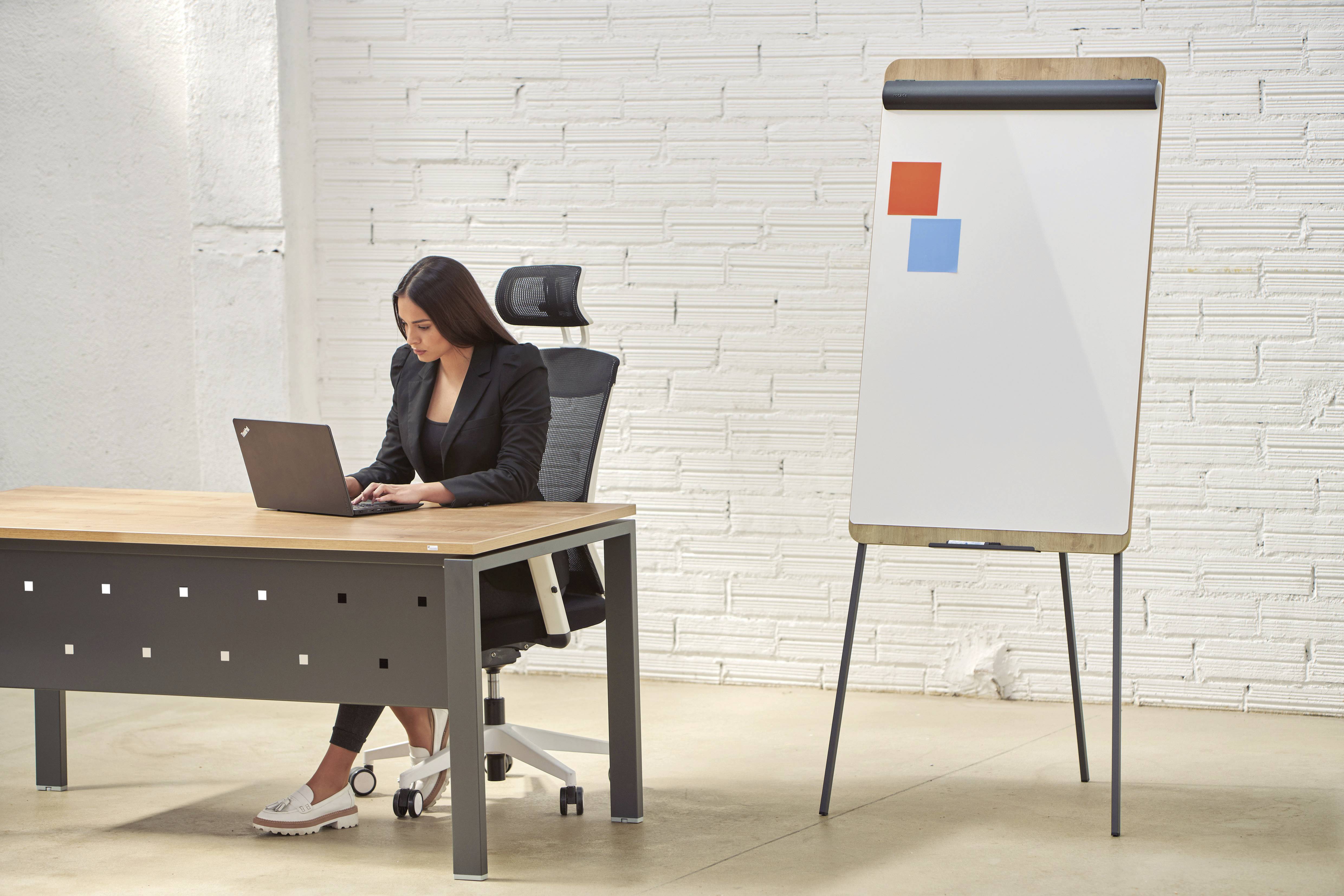 Eine Frau sitzt an einem Schreibtisch und arbeitet an einem Laptop. Neben ihr steht ein Flipchart mit zwei farbigen Klebezetteln.