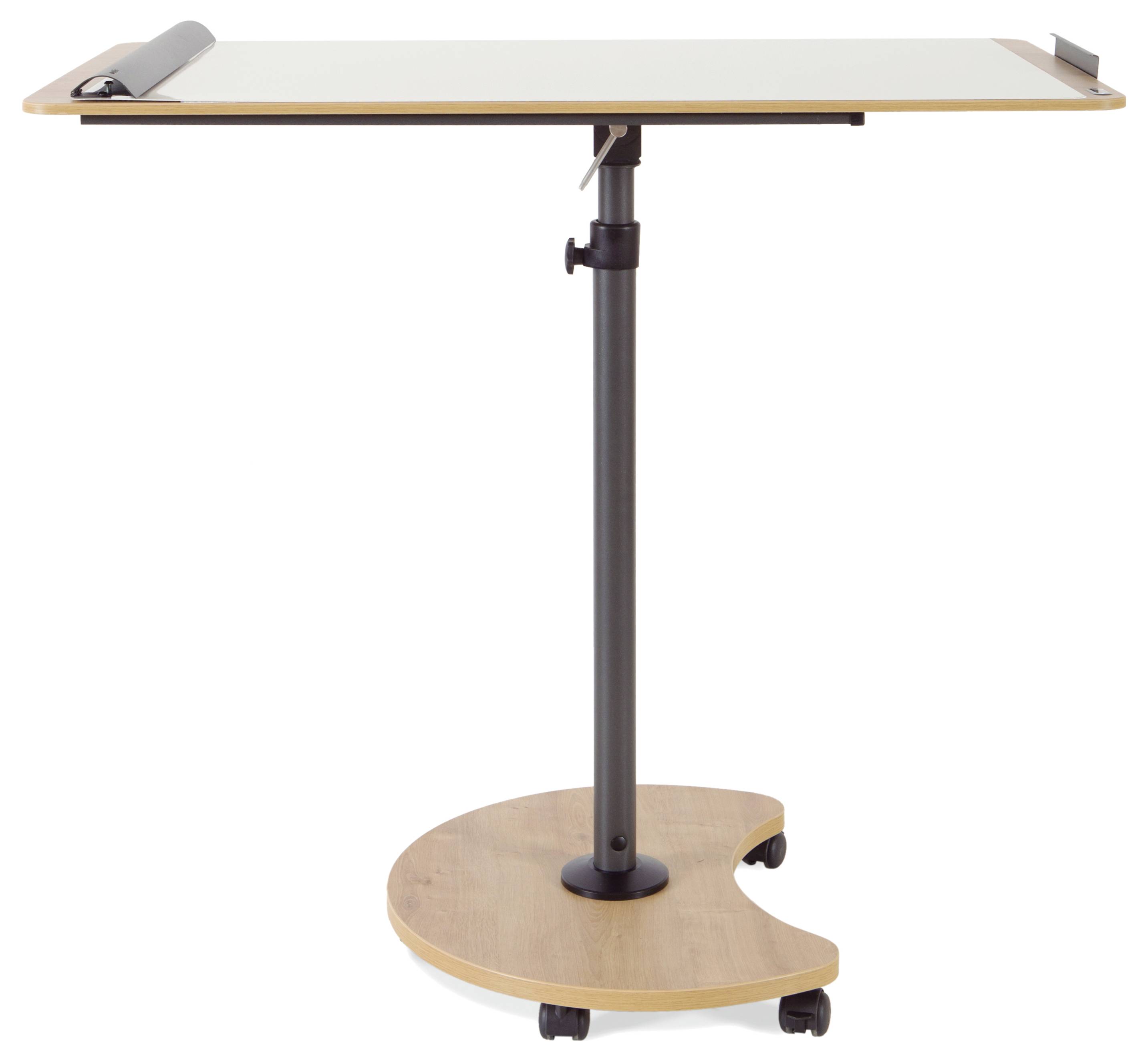 Höhenverstellbarer, mobiler Tisch mit schräger, weißer Arbeitsfläche. Geeignet für Präsentationen oder als Rednerpult.