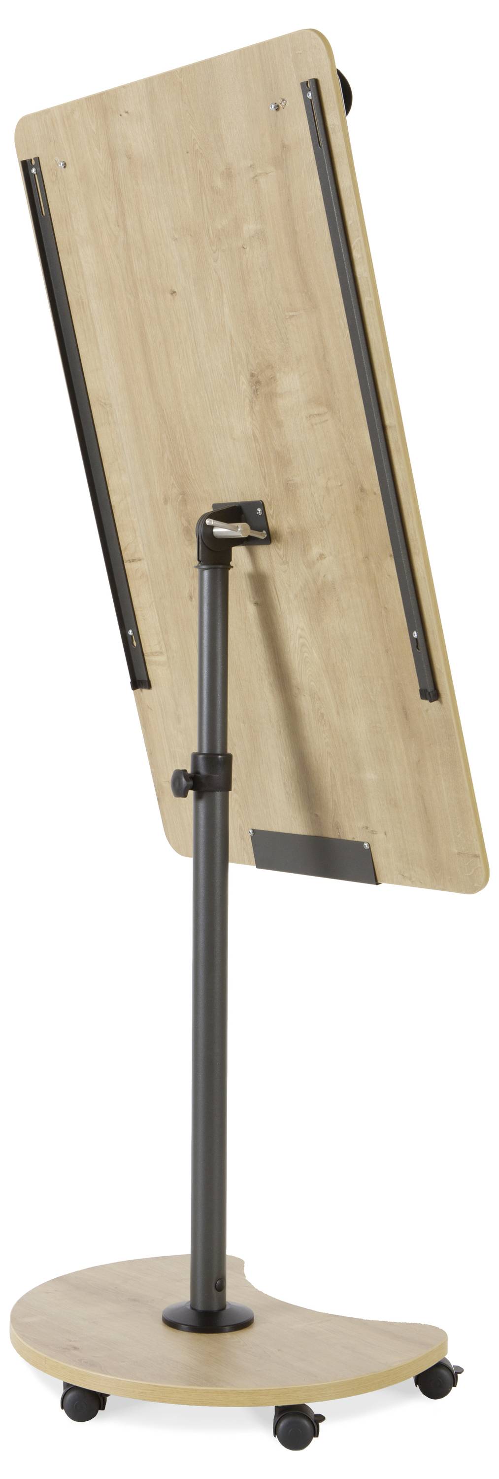 Höhenverstellbarer Schwenktisch aus Holz mit Metallgestell, auf Rollen für flexible Nutzung.