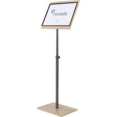 Stehpult mit Bildschirmeinstellung, kompatibel mit 'rocada' Produkten, auf verstellbarem schwarzen Metallständer mit Holzfuß.
