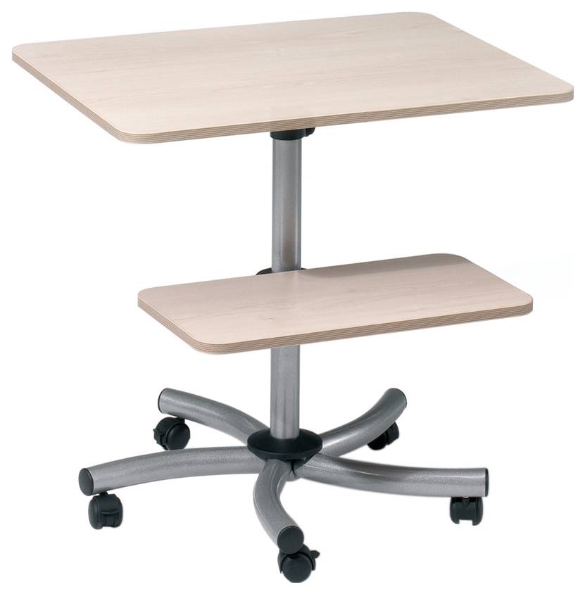 Ein quadratischer, höhenverstellbarer Tisch mit zwei Holzplatten auf einem Metallgestell mit Rollen. Ideal für Büro- oder Heimnutzung.