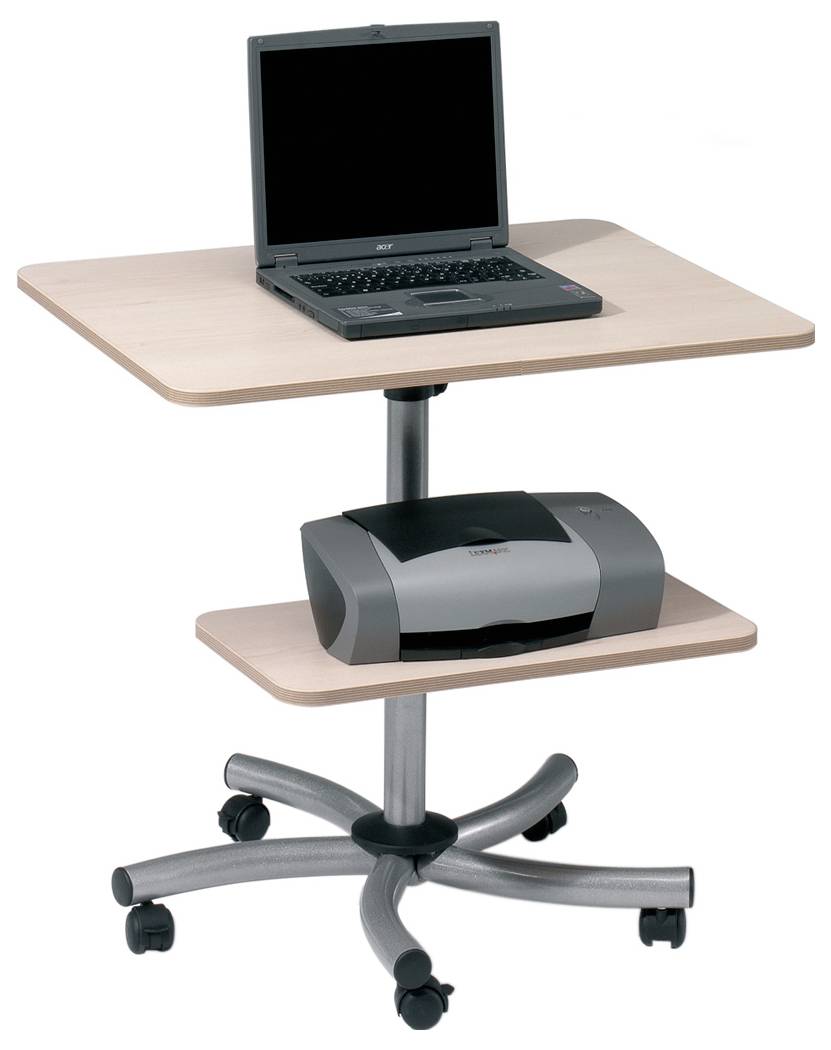 Ein kleiner Holztisch auf Rädern mit zwei Ebenen. Oben steht ein Laptop, unten ein Drucker. Beide Ebenen haben eine quadratische Form.
