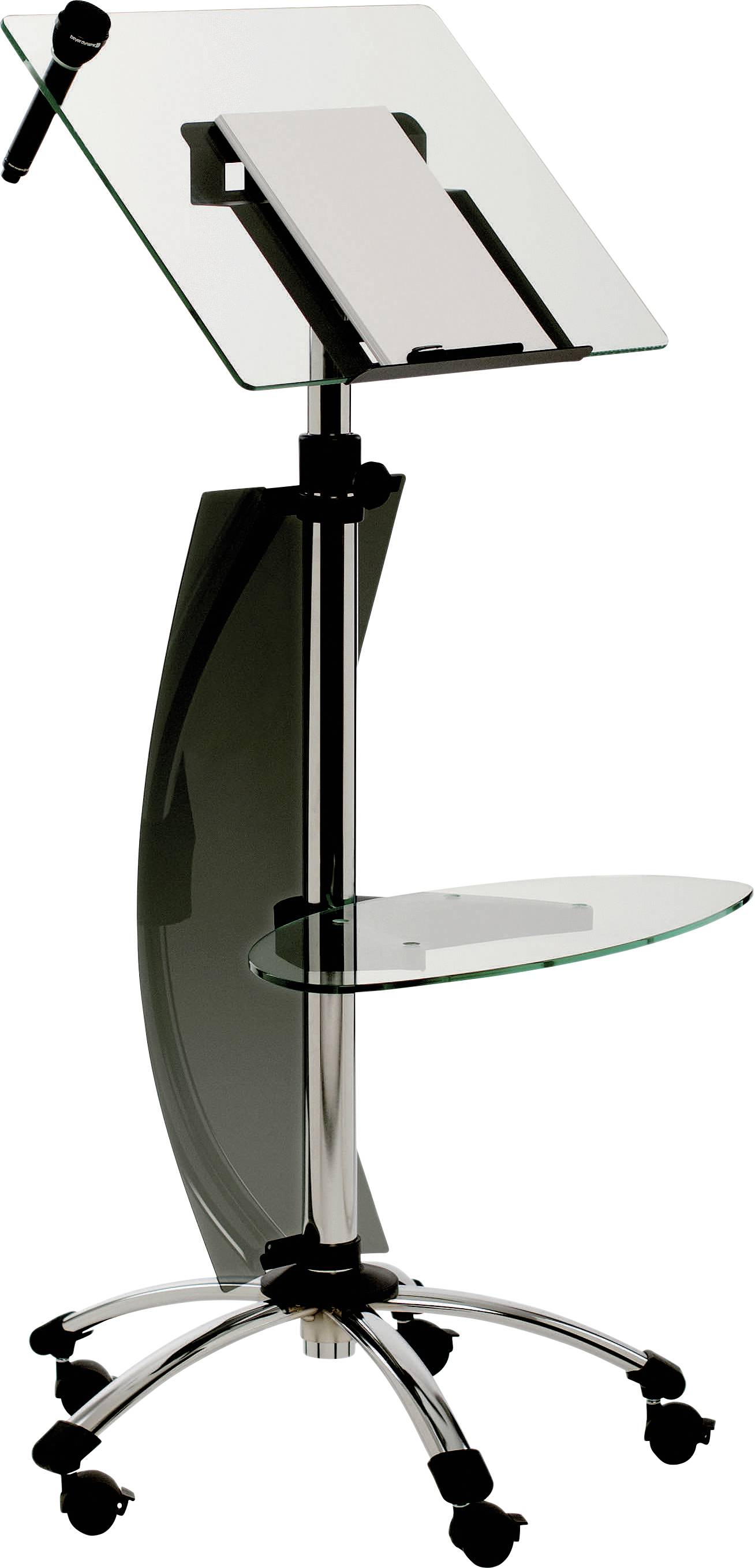 Ein modernes, verchromtes Rednerpult mit Glasablage und Rollen. Perfekt für Präsentationen oder Vorträge.