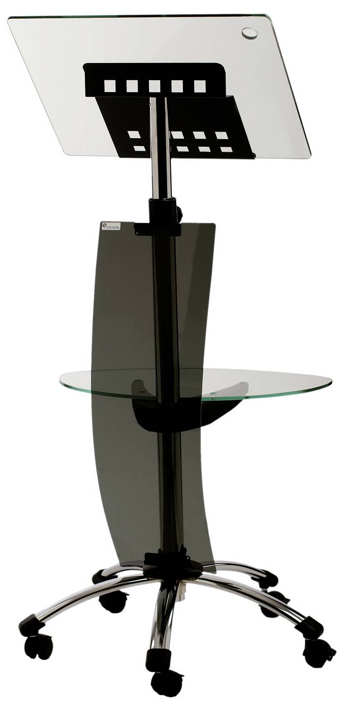 'Moderner Glas-Rednerpult mit verstellbarer Lesefläche und Rundbasis auf Rollen, geeignet für Präsentationen oder Reden.'