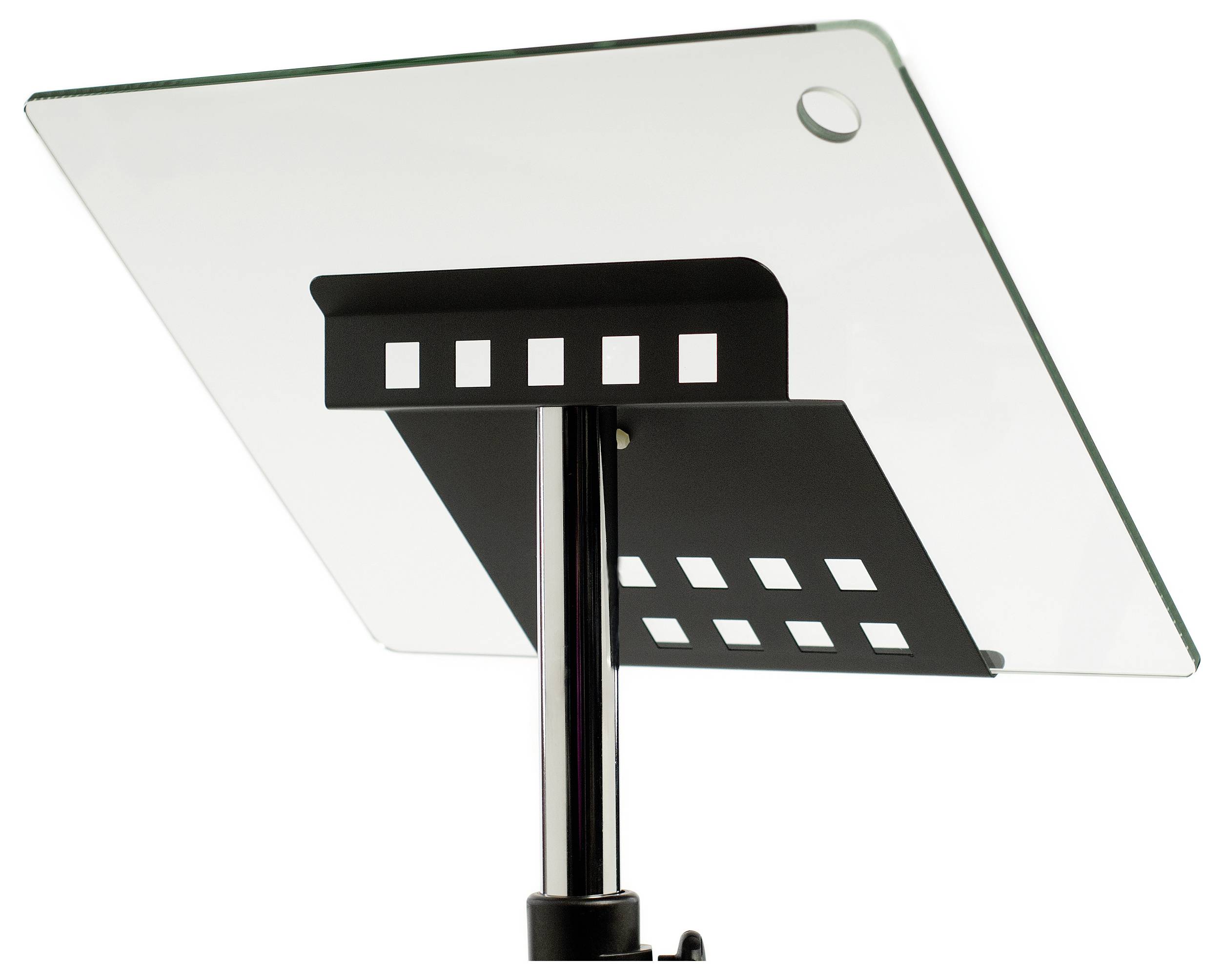 Metallischer Notenständer mit Glasplatte, montiert auf einem schwarzen Stativ. Geeignet für Musiker zur Unterstützung von Notenblättern.