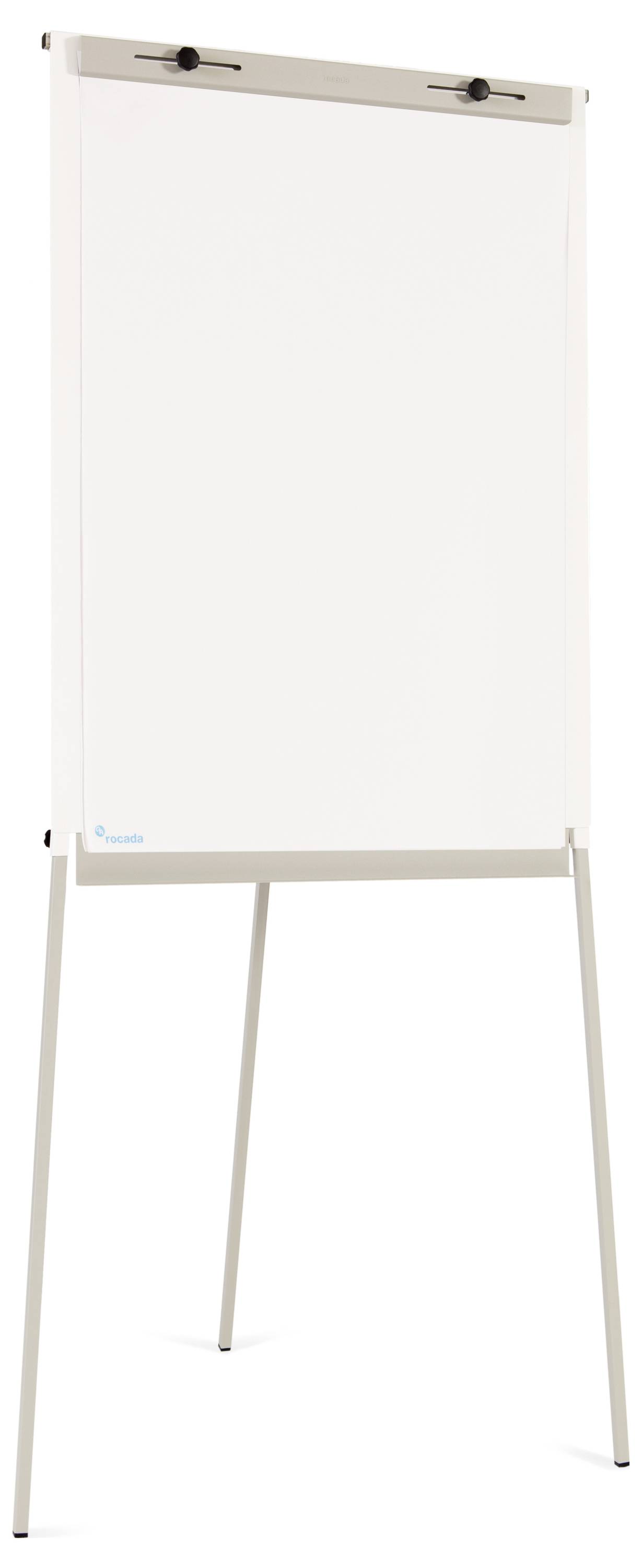 Ein leeres Flipchart auf einem dreibeinigen Ständer, bereit für Präsentationen oder Meetings.