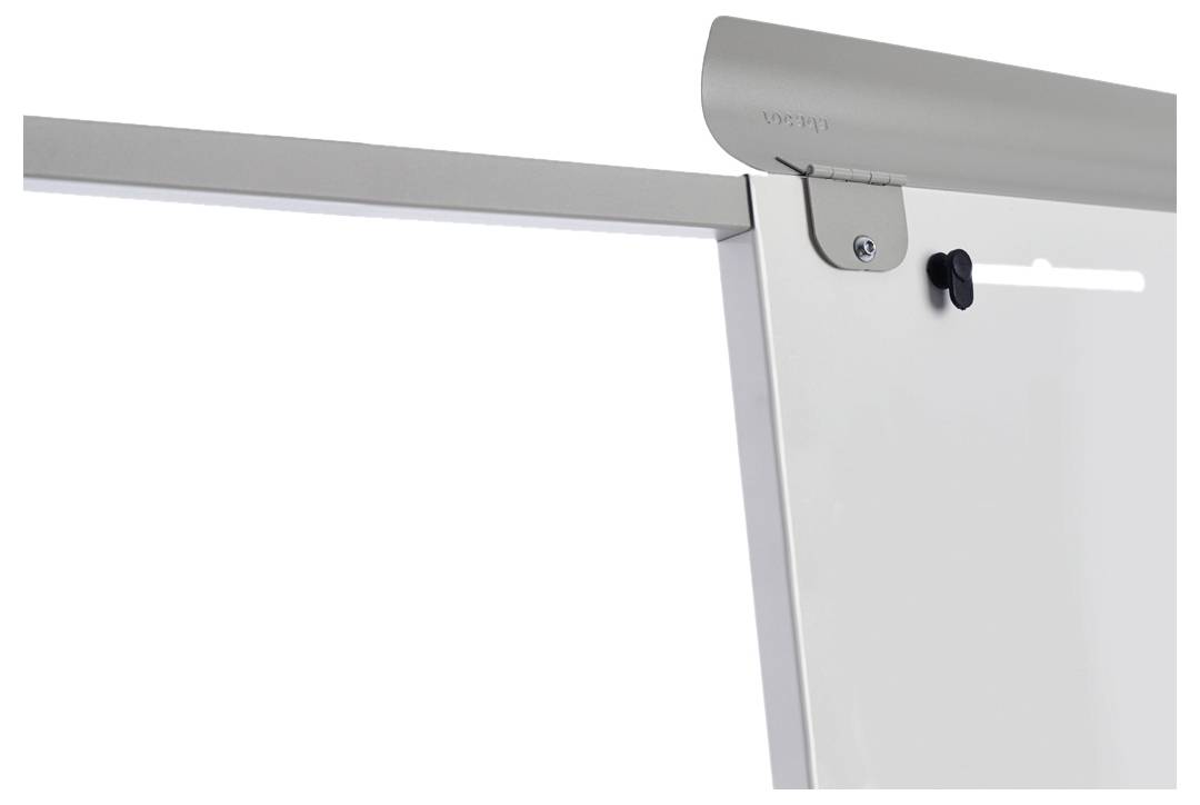 Schwenkbare Halterung aus Metall, an einer weißen Tafel befestigt, oben ein schwarzer Riegel zur Sicherung.