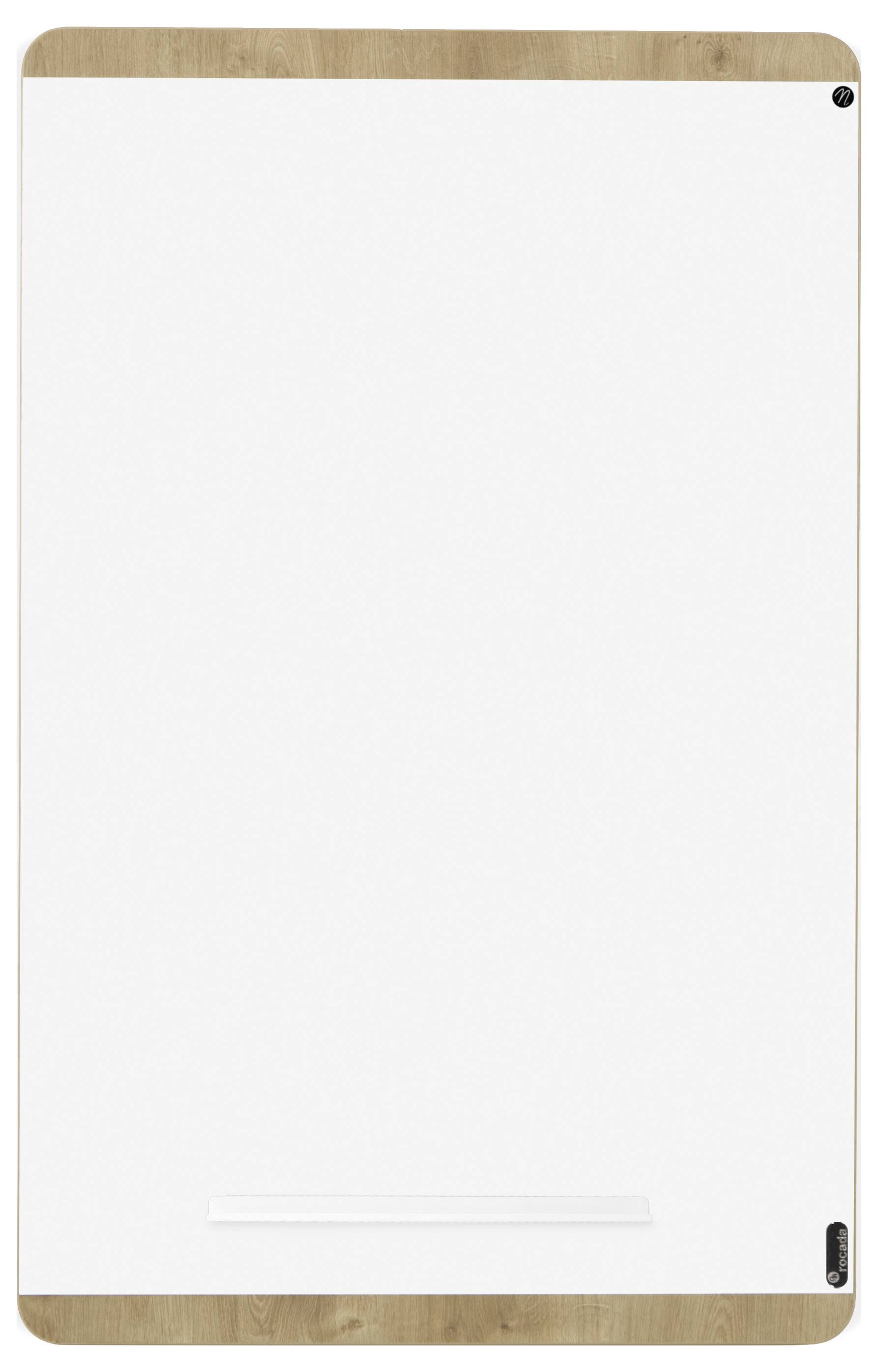 Ein schlichtes, modernes Whiteboard mit Holzrahmen.