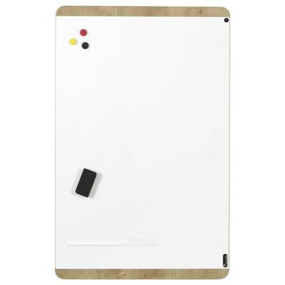 Magnetische weiße Tafel mit rotem und gelbem Magnet oben links und einem schwarzen Radiergummi unten links auf holzgemustertem Rahmen.