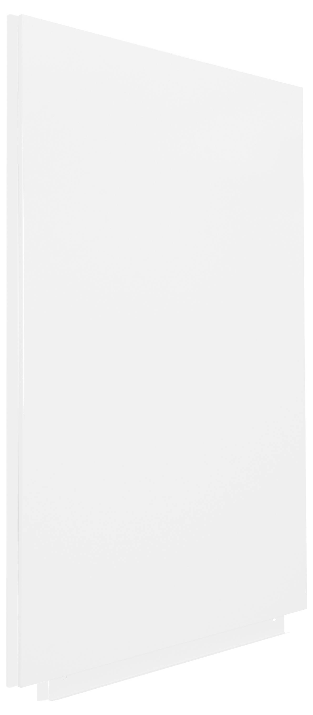 Ein weißes, glattes Paneel mit abgerundeten Kanten, teils seitlich gesehen. Es könnte ein Möbelstück oder eine Wandverkleidung sein.