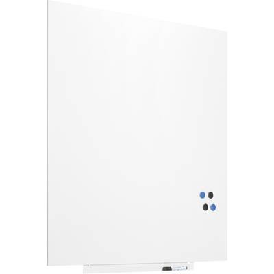 Magnetische weiße Tafel mit drei kleinen bunten Magneten in der unteren rechten Ecke, geeignet für Präsentationen oder Notizen.