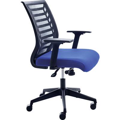 Ein moderner Bürostuhl mit blauer Sitzfläche, schwarzen Armlehnen und Rückenlehne aus Netzgewebe, auf Rollen.