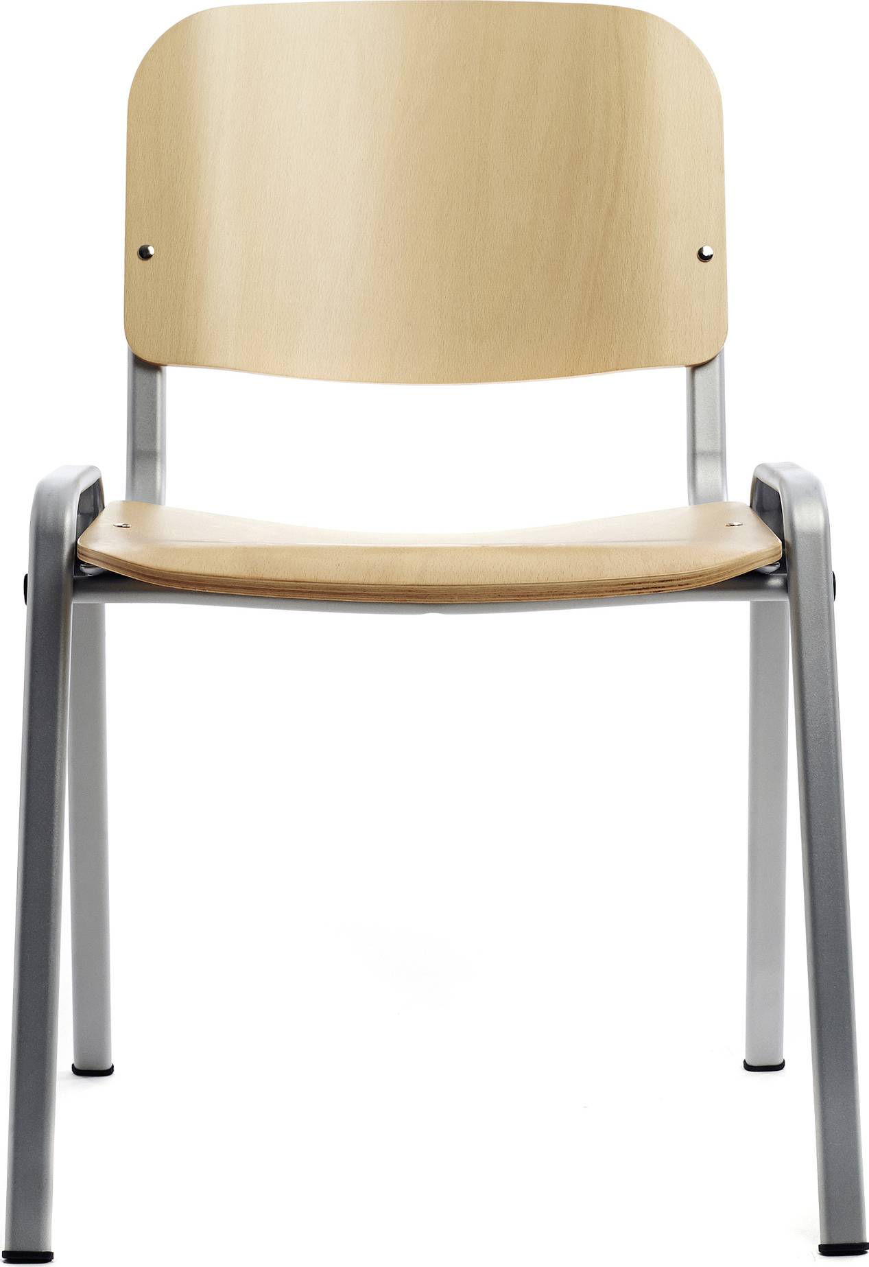 Ein einfacher, hölzerner Stuhl mit Metallbeinen.