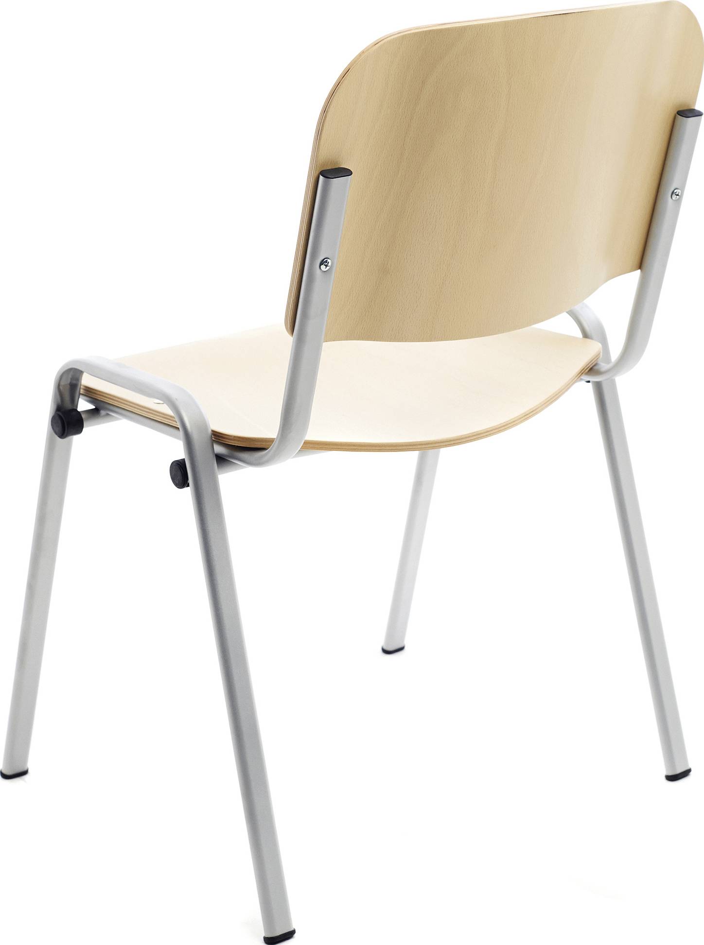 Holzstuhl mit gebogenem Rücken und Sitz, graue Metallbeine.