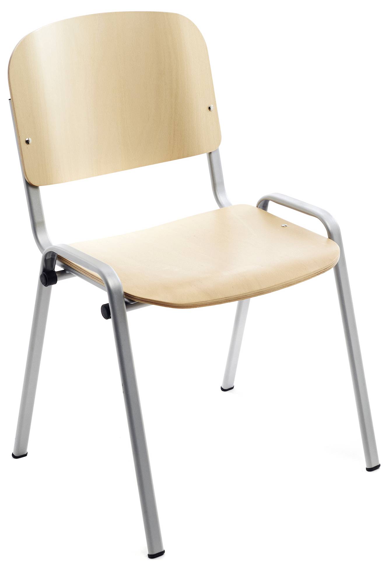 Ein einfacher Holzbürostuhl mit Metallbeinen steht aufrecht.