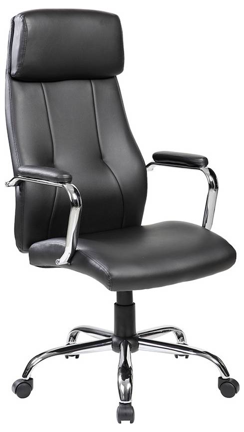 Schwarzer Bürostuhl mit Armlehnen, verstellbarer Rücklehne und Rollen, geeignet für ergonomisches Sitzen im Arbeitsbereich.