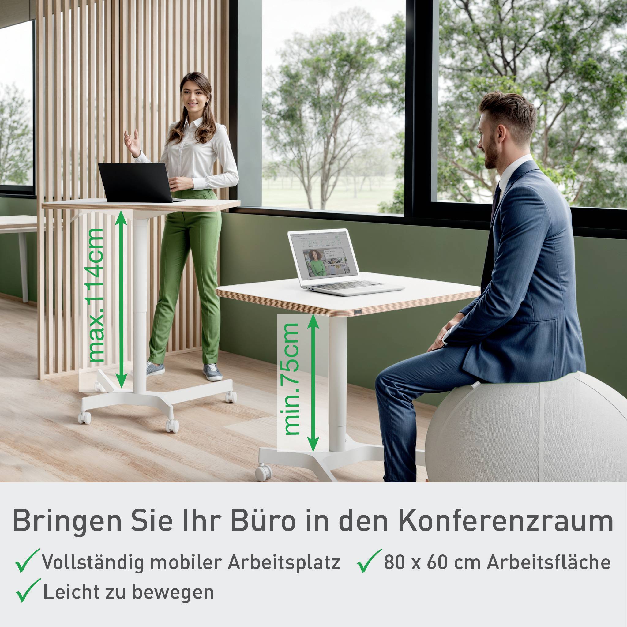 Eine Frau und ein Mann arbeiten an höhenverstellbaren Tischen im Konferenzraum. Text: 'Bringen Sie Ihr Büro in den Konferenzraum.'
