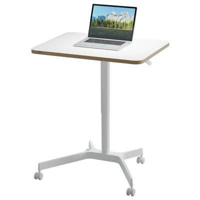 'Höhenverstellbarer Tisch mit Laptop darauf, zeigt Naturbild auf dem Bildschirm. Tisch hat Rollen für leichte Beweglichkeit.'