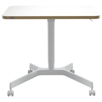 Ein weißer, rechteckiger Tisch mit vier Rädern, verstellbarer Höhe und einfachem, modernem Design. Ideal für flexible Arbeitsbereiche.