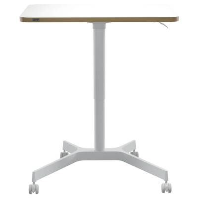 Ein höhenverstellbarer Tisch auf Rollen mit rechteckiger Holzplatte und stabilem Metallgestell. Geeignet für flexible Büroanwendungen.