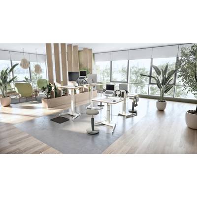 Ein modernes Büro mit hellen Fenstern, ergonomischen Schreibtischen und Stühlen, grünen Pflanzen und stilvollen Leuchten.