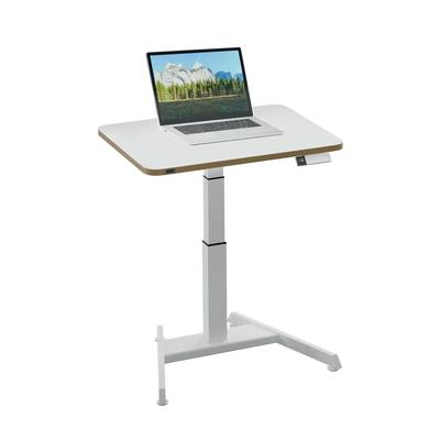 Höhenverstellbarer Schreibtisch mit Laptop darauf. Der Laptop zeigt eine Landschaft mit Bergen und einem See.
