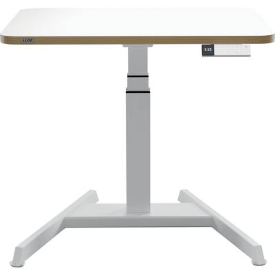 Ein höhenverstellbarer Schreibtisch mit einem weißen Tischblatt und silbernem Metallgestell, geeignet für ergonomisches Arbeiten.