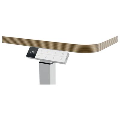 Elektrisch verstellbarer Tisch mit digitalem Bedienelement; zeigt '116' auf Display. Holzoberfläche verbunden mit Metallbein.