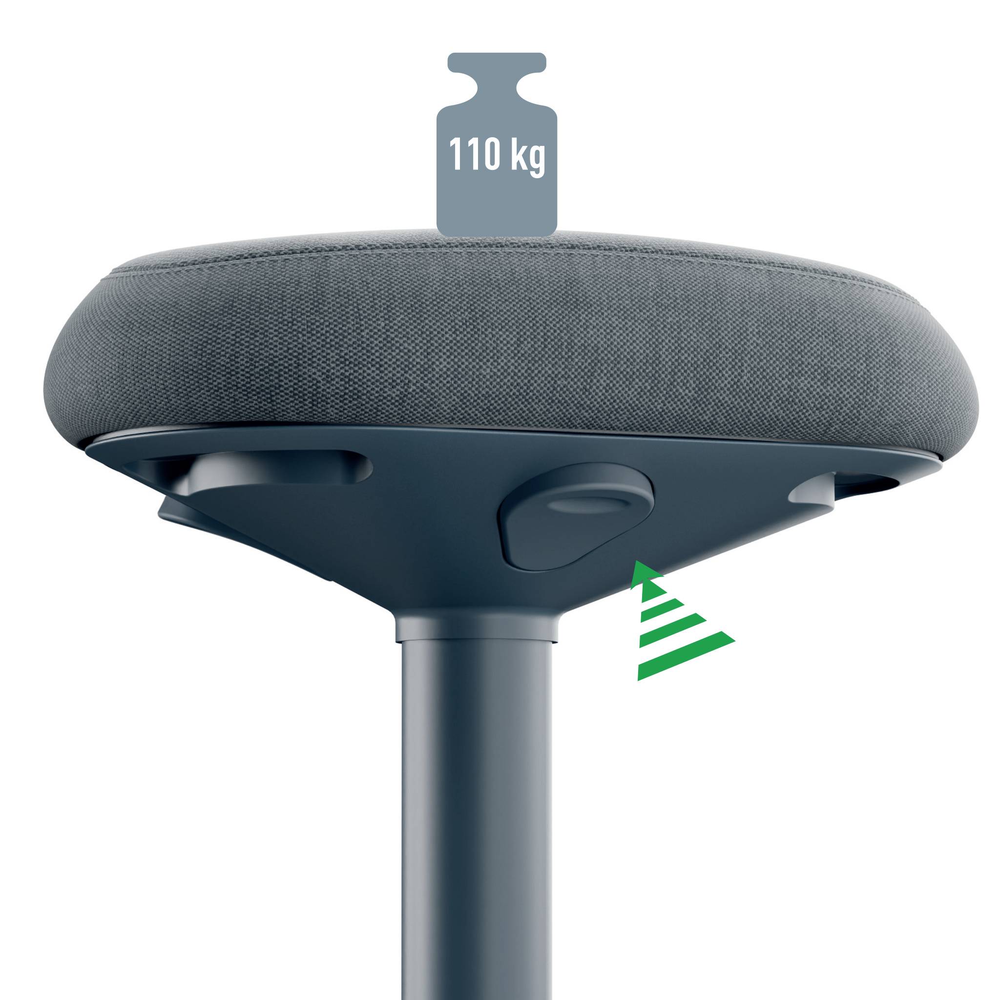 Hocker mit Gewichtskontrolle von 110 kg. Pfeil zeigt nach oben, was auf Verstellbarkeit oder Anpassung hindeutet.