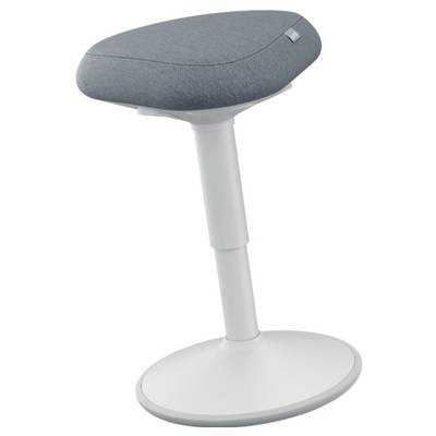 Ein moderner, höhenverstellbarer Hocker mit grauem gepolstertem Sitz und weißem Standfuß. Ideal für flexibles Sitzen und Bewegung.
