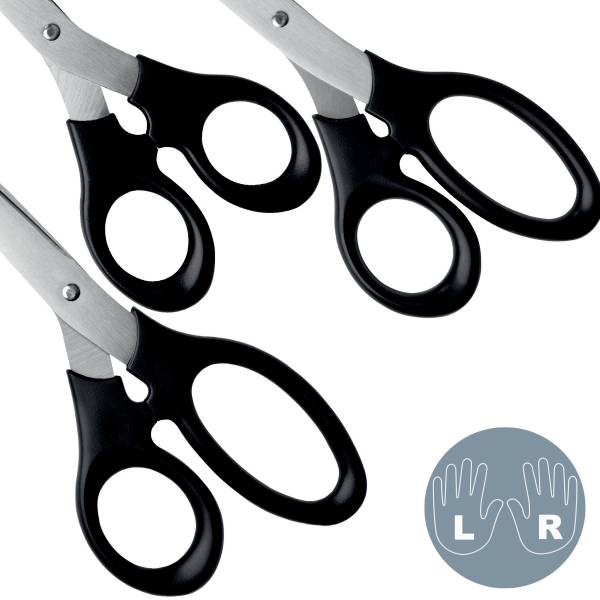 Drei Scheren mit schwarzen Griffen, übereinander gelegt. Symbol unten rechts kennzeichnet, dass sie links- und rechtshändig verwendet werden können.
