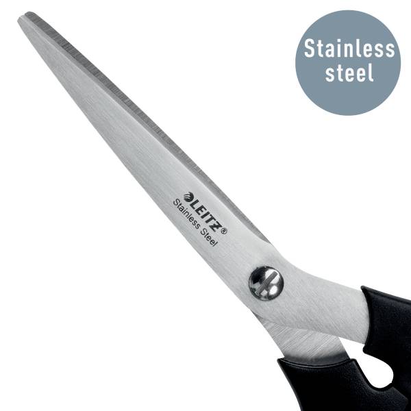Eine Schere aus Edelstahl mit schwarzem Griff. Text auf der Klinge: 'LIFTZ Stainless Steel'. Symbol mit 'Stainless steel' oben rechts.
