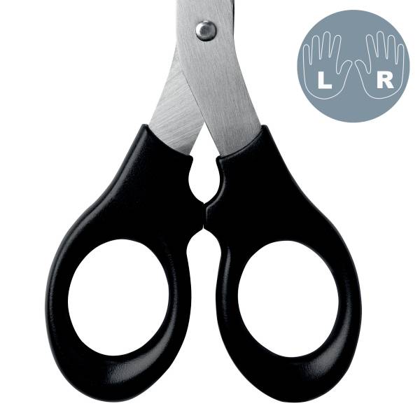 Schere mit schwarzem Griff. Symbol oben rechts zeigt linke und rechte Hand mit 'L' und 'R', geeignet für beidseitige Nutzung.