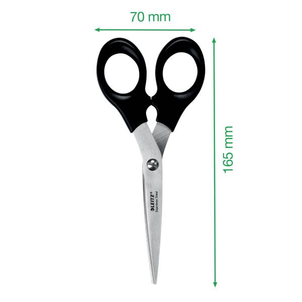 Schere mit schwarzem Griff und silbernen Klingen. Maße sind 165 mm Länge und 70 mm Breite zwischen den Griffen.