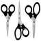 Drei schwarze und silberne Scheren in verschiedenen Winkeln dargestellt.