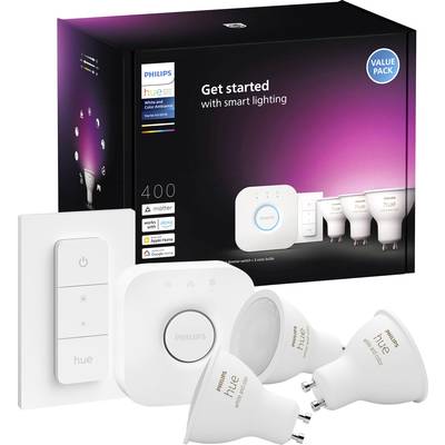 'Philips Hue Starter Kit' mit Bridge, drei GU10-LED-Lampen und Schalter. Ermöglicht smarte Lichtsteuerung und Anpassung, kompatibel mit Sprachassistenten.