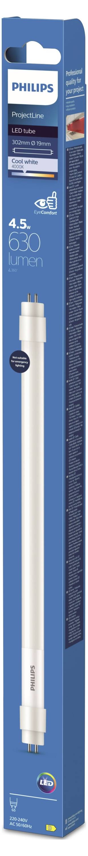 Verpackung einer Philips LED-Röhre, 4,5 Watt, Ersatz für T5-Leuchtstoffröhre, mit Angaben zu Energieeffizienz und Produktinformationen.