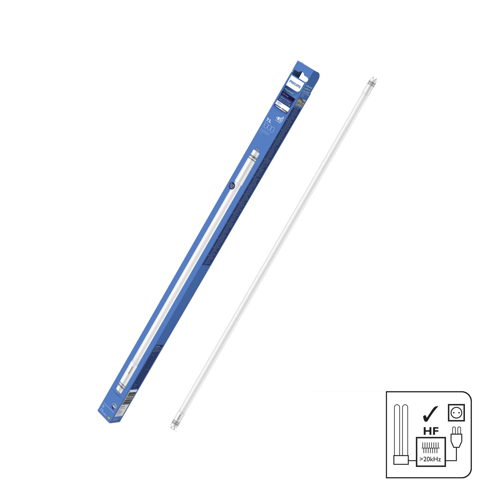 Leuchtstoffröhre in blauer Verpackung und daneben ausgepackt. Geeignet für HF-Geräte, Angabe: '220-240 V'.