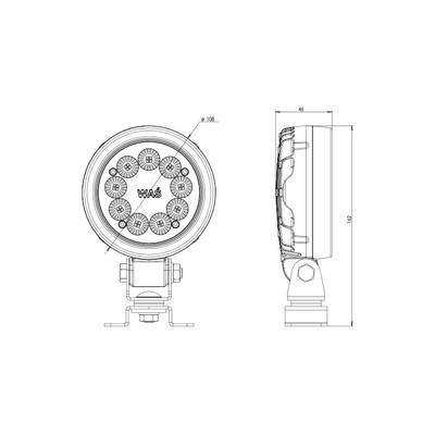 Technische Zeichnung einer runden LED-Leuchte mit acht LEDs, Seiten- und Frontalansicht, zeigt Maße und Details der Befestigung.