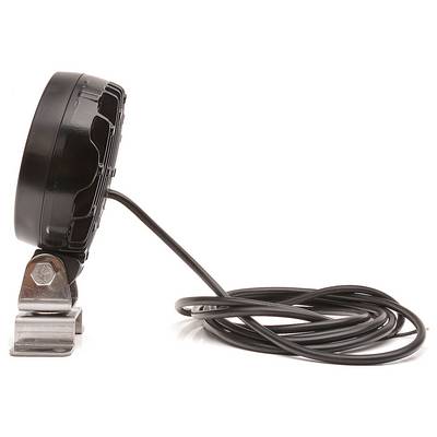 Rundes, schwarzes LED-Licht mit Montagesockel und langem Kabel, seitlich von links fotografiert auf weißem Hintergrund.