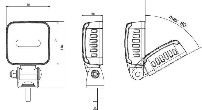 Technische Zeichnung eines verstellbaren Halters. Zeigt Front-, Seiten- und Bewegungsansicht mit Maßangaben und Rotationsbereich.