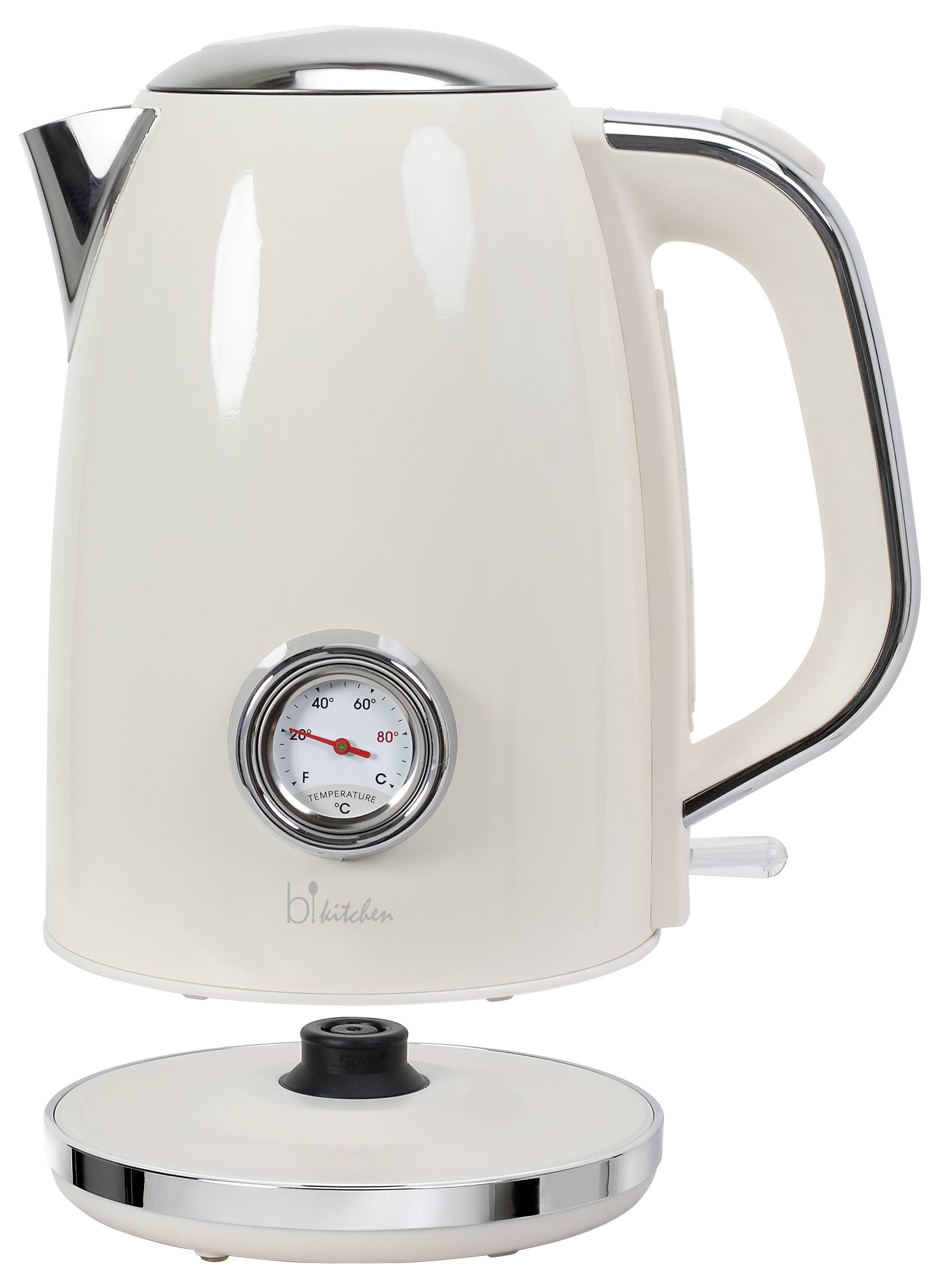 Ein cremefarbener Wasserkocher mit Temperaturanzeige auf der Vorderseite, zeigt 60 Grad Celsius an, steht auf einer abnehmbaren Basis.