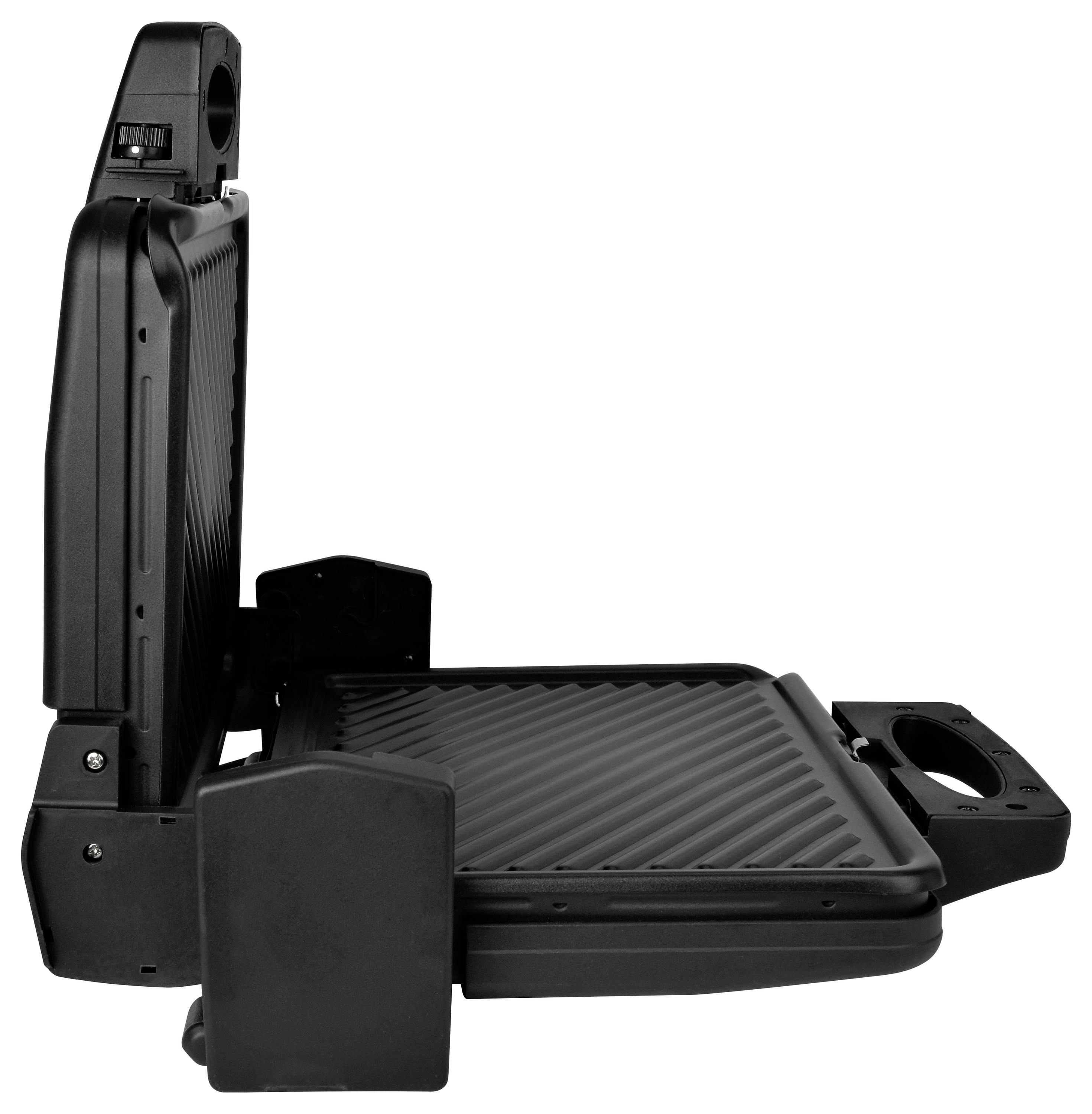 Ein geöffneter elektrischer Grill mit geriffelten Grillplatten und einem schwarzen Gehäuse, geeignet für das Grillen von Sandwiches.