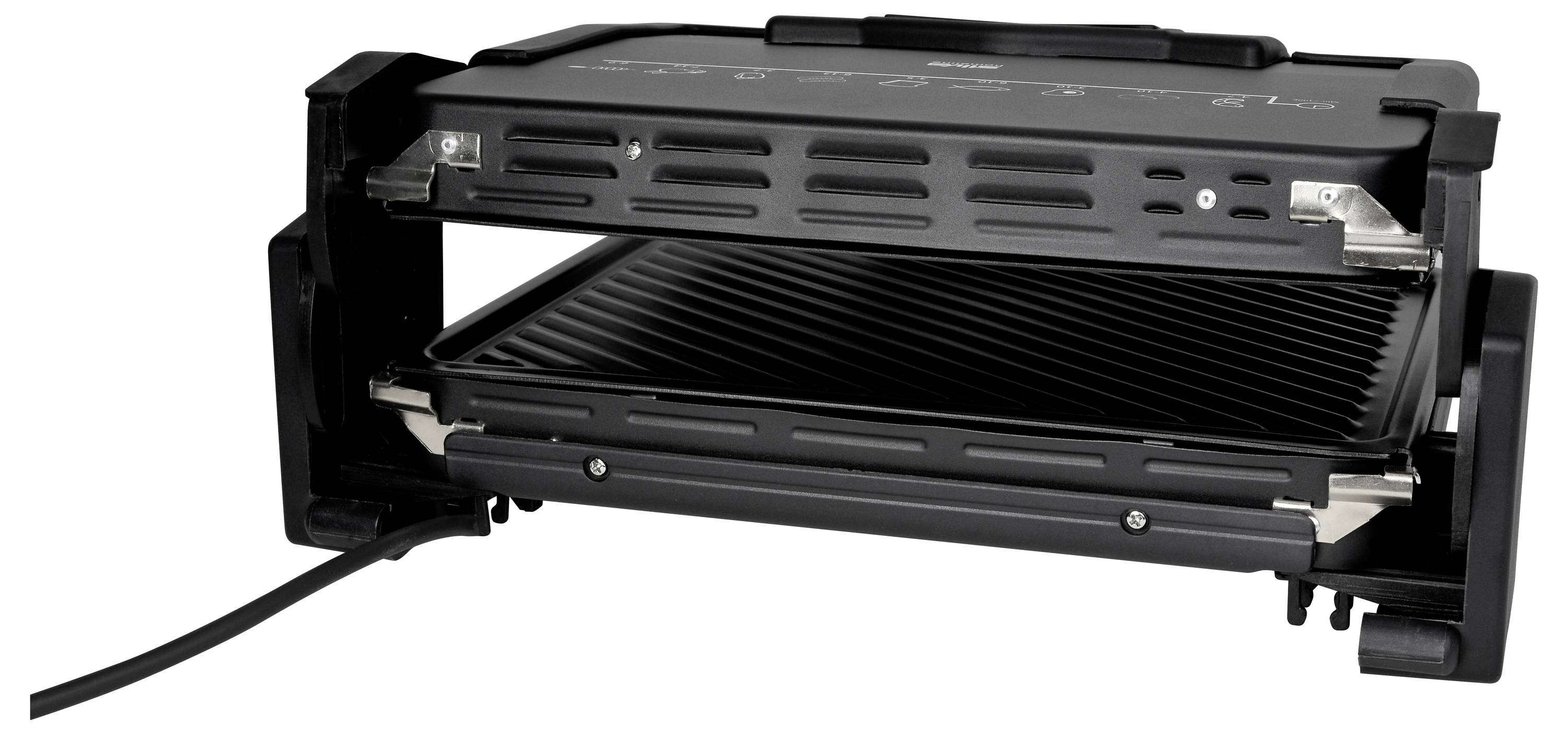 Ein offener Tischgrill mit gerillten Grillplatten, angeschlossenem Netzkabel, geeignet zum Grillen von Fleisch, Gemüse und anderen Lebensmitteln.