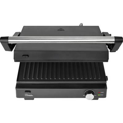 Elektrischer Kontaktgrill in Schwarz mit geriffelter Grillfläche, geschlossenem Deckel und Drehregler.