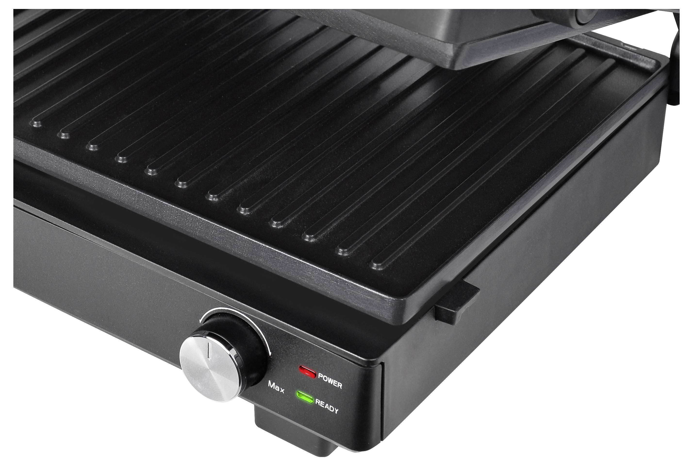 Ein elektrischer Kontaktgrill mit gerippten Grillplatten und einem Drehknopf zur Temperaturregelung. Zwei Kontrollleuchten für Power und Ready.
