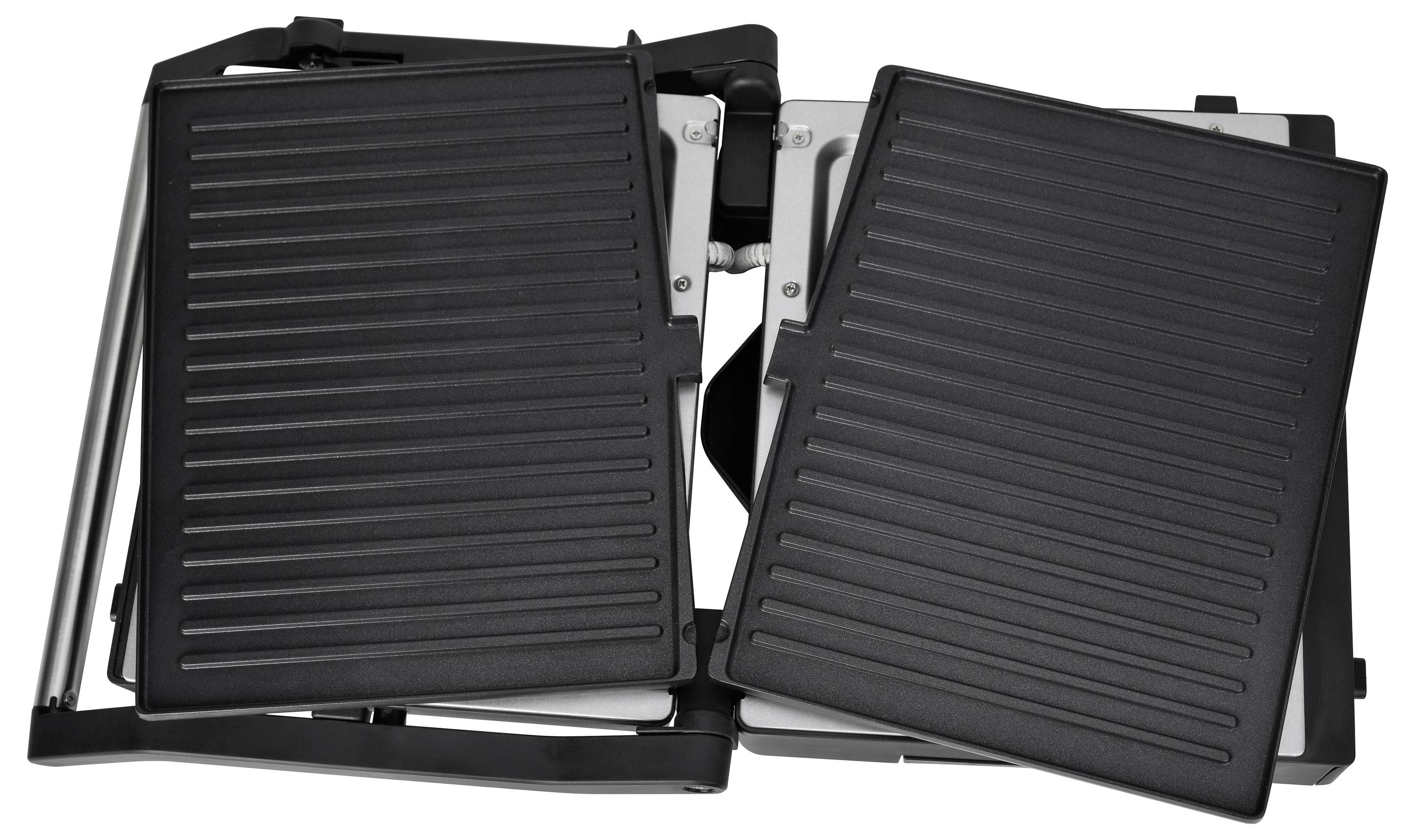 Ein Sandwichgrill mit zwei geöffnete Grillplatten aus geriffeltem Metall, geeignet zum gleichmäßigen Toasten oder Grillen von Speisen.